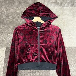 Widow Dolls Kill Womens Small Red Velvet Rose Burnout Cropped Zip Up Hoodie